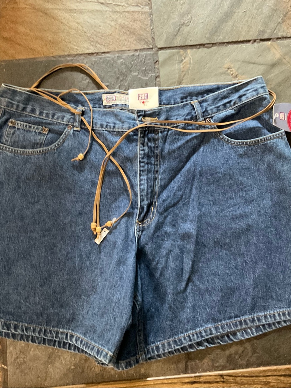 9-2026-Faded Glory Dark Blue Denim Jean Shorts with Tan Drawstring size 20W